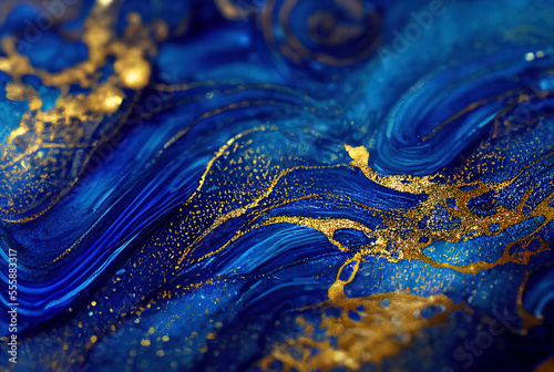 Liquid blue and gold paint brush strokes with glitter and depth of field. Liquid art style. Generative AI.