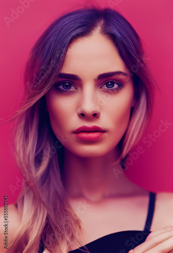 Fashion portrait of a confident female model. Beautiful brown hair with purple hair dye.