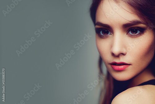 A fashion portrait of a confident female model has beautiful brown hair and eyes. Space for text.