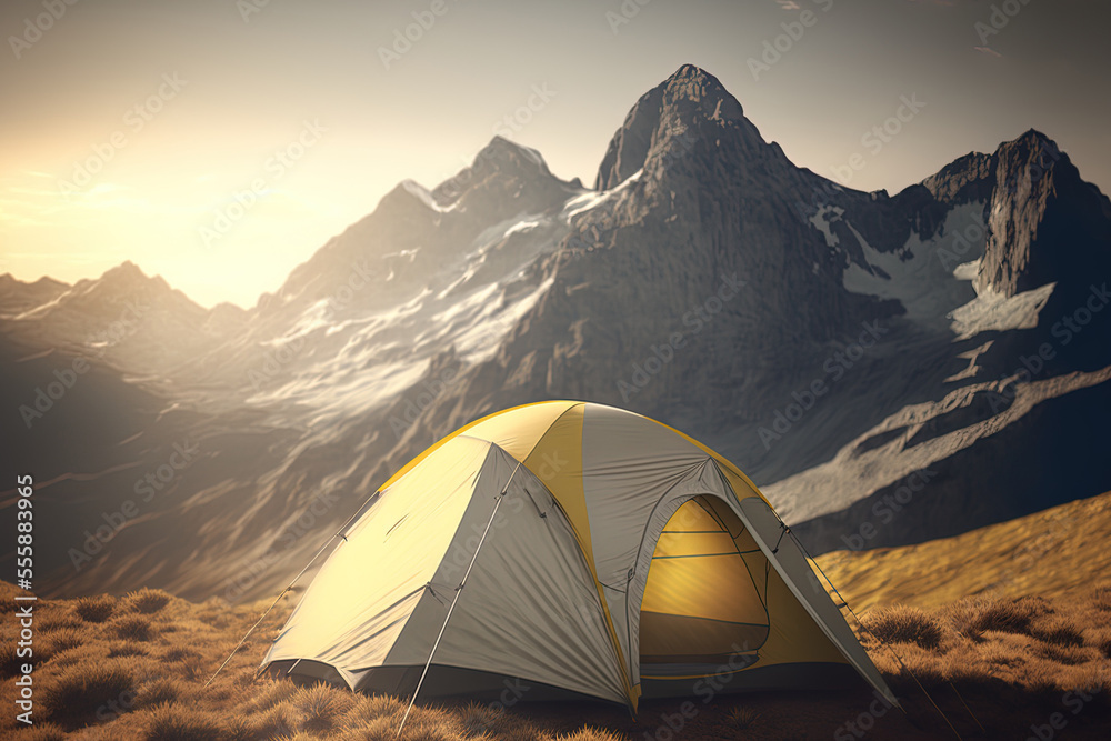 Active tourism and hiking idea with a tourist camping tent on a mountain during a beautiful sunny evening. Generative AI