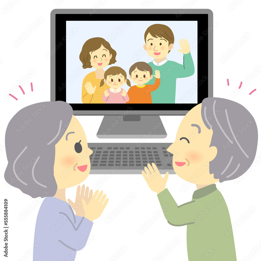 イラスト素材:パソコンのビデオ通話を利用してオンライン帰省をする様子(老夫婦に手を振る若夫婦家族)(透過背景)
イラスト素材:パソコンのビデオ通話を利用してオンライン帰省をする様子(老夫婦に手を振る若夫婦家族)(透過背景)