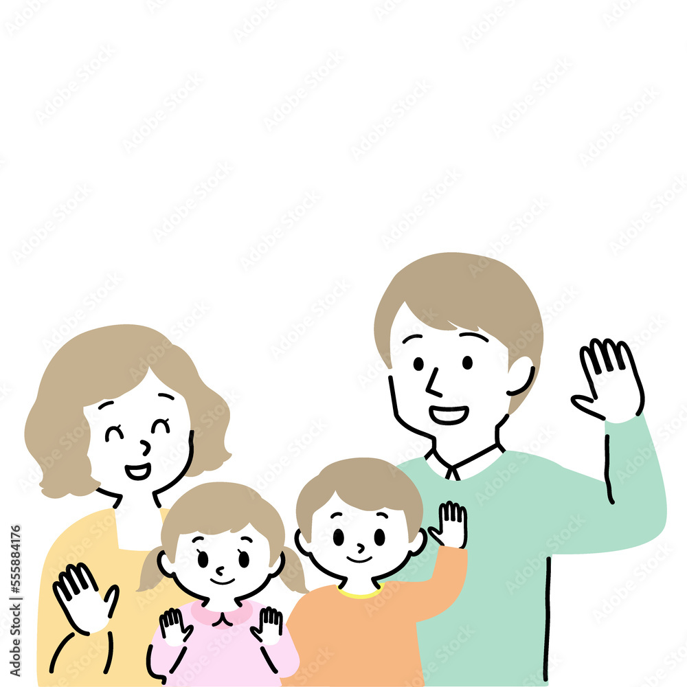 イラスト素材：こちらに手を振る男女の子供を育てる幸せな若い夫婦 　4人家族（手描き風シンプル）（透過背景）

