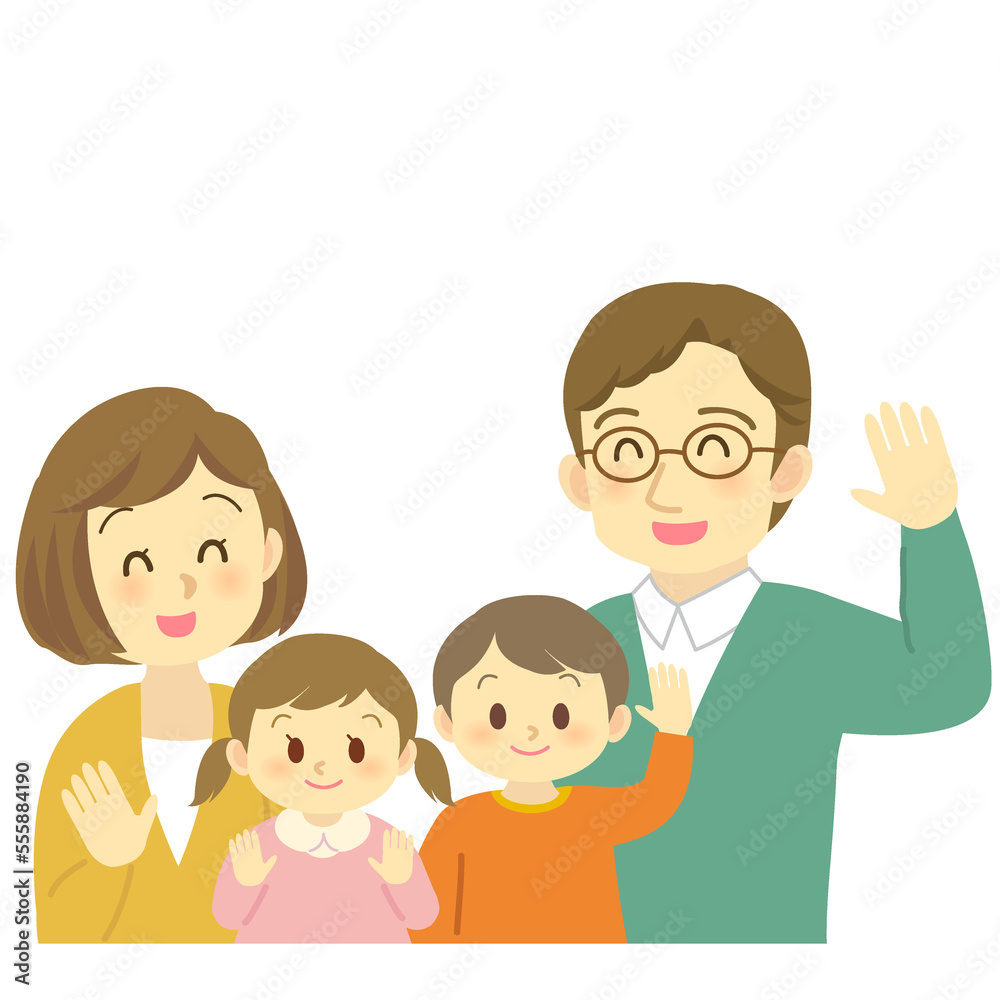 イラスト素材：男女の子供を育てる手を振る若い夫婦（メガネのパパ）　4人家族
（透過背景）