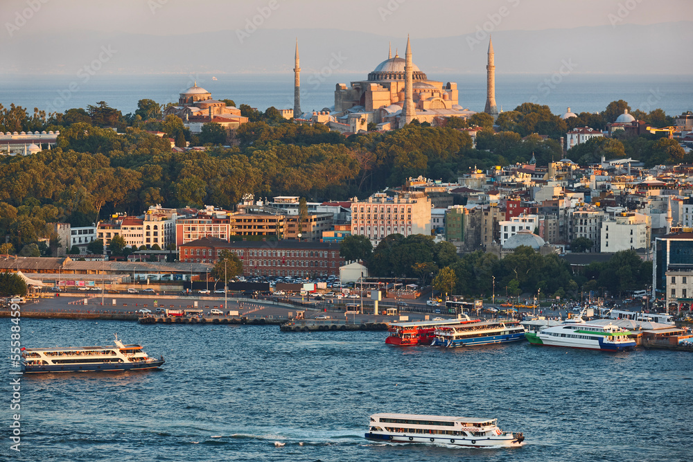 Fototapeta premium Sofia mosque and bosporus strait. Istanbul skyline. Turkey