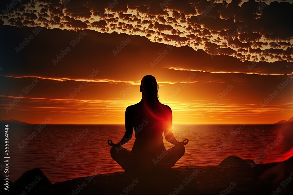 woman in yoga position in front of sunset scenery. Generative AI