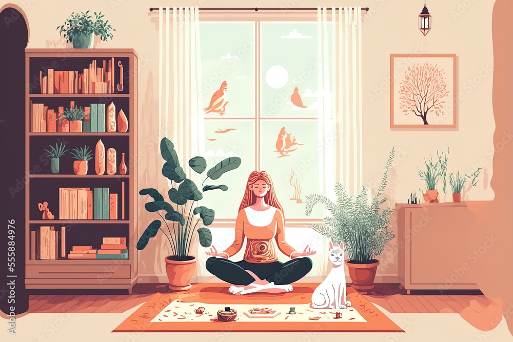 Fototapeta premium Young lady performing meditation and yoga exercises . Female figure in a domestic setting. Generative AI