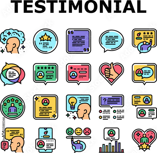 testimonial customer review icons set vector. feedback opinion, comment online, bubble service, concept business, client survey testimonial customer review color line illustrations