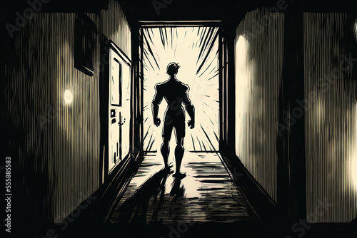 Illustration of a guy holding a flashlight at the end of a corridor. Generative AI © 2rogan
