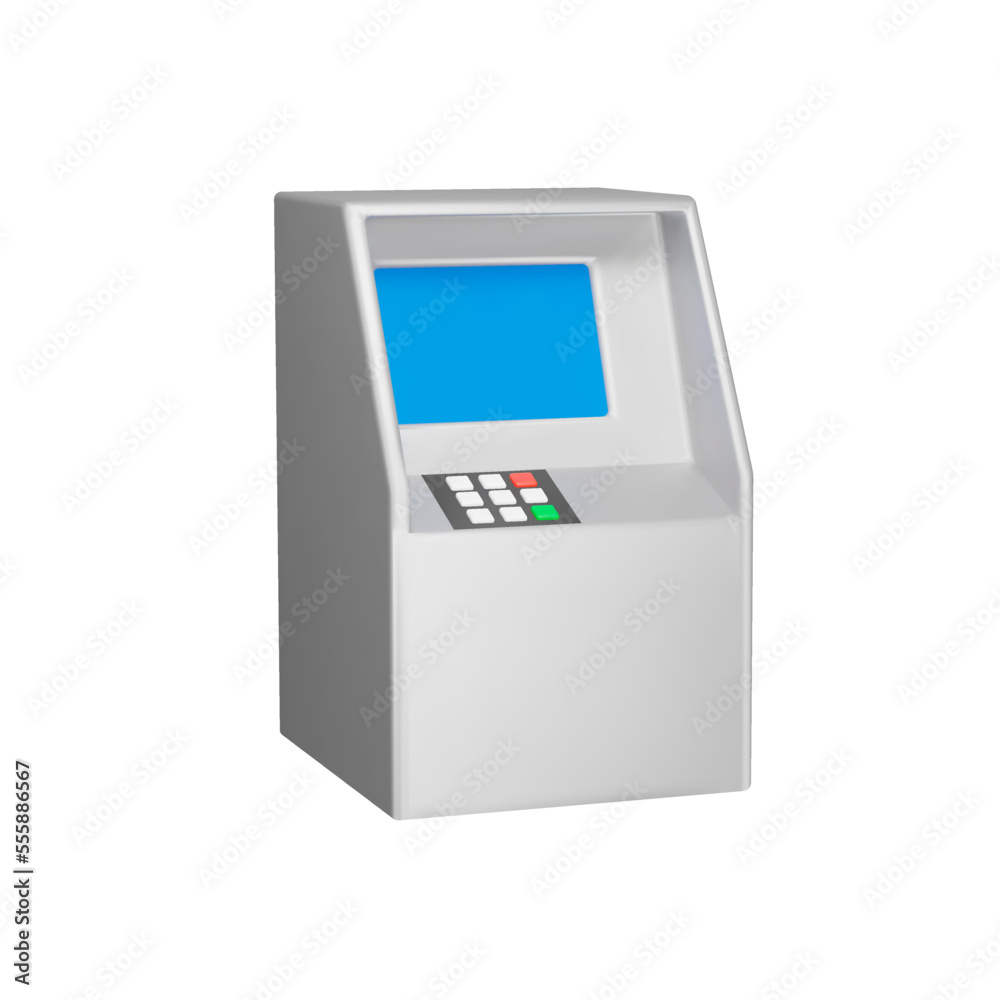 ATM 3d icon. A device for receiving and dispensing cash. Isolated object on transparent background ATM 3d icon. A device for receiving and dispensing cash. Isolated object on transparent background