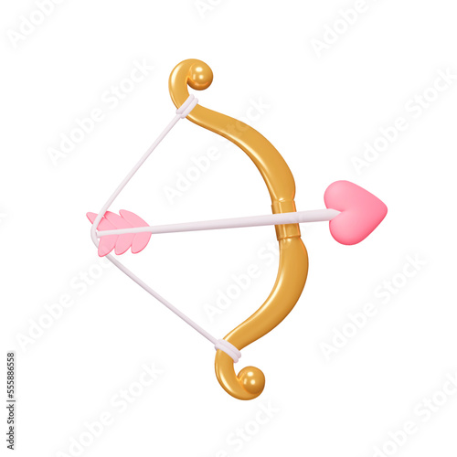 Cupid's bow 3d icon. A bow with an arrow and a heart. Love. Isolated object on transparent background