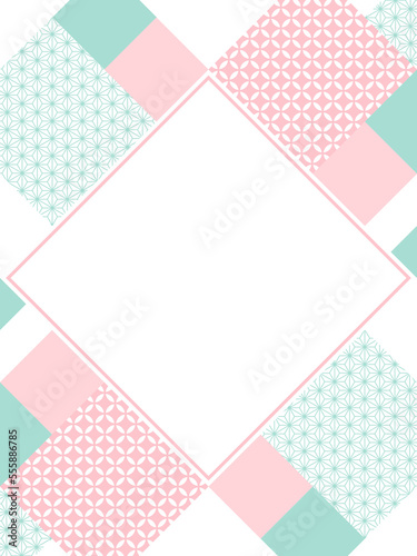 幾何学的な和柄フレーム・背景素材／ピンク×緑（縦向き）