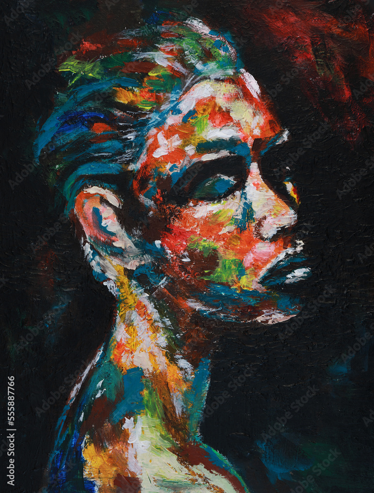 Naklejka premium Portrait of a girl watercolor painting. Colorful pop art portrait of a beautiful emotional girl. Conceptual abstract multicolor close up handmade acrylic painting on canvas