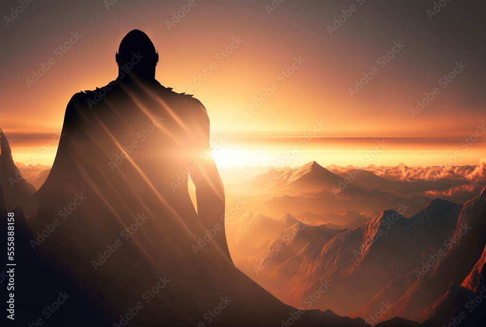 Superhero silhouette on mountain top, The feeling of love concept, Generative AI illustration
