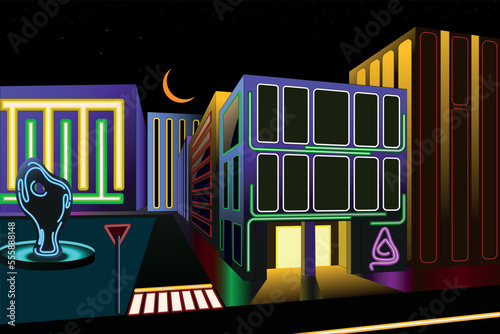 Cyberpunk neon town background. Colorful exterier city in vector