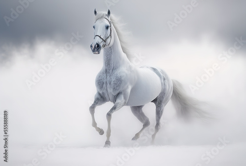 White arabian horse in snow  Generative AI illustration