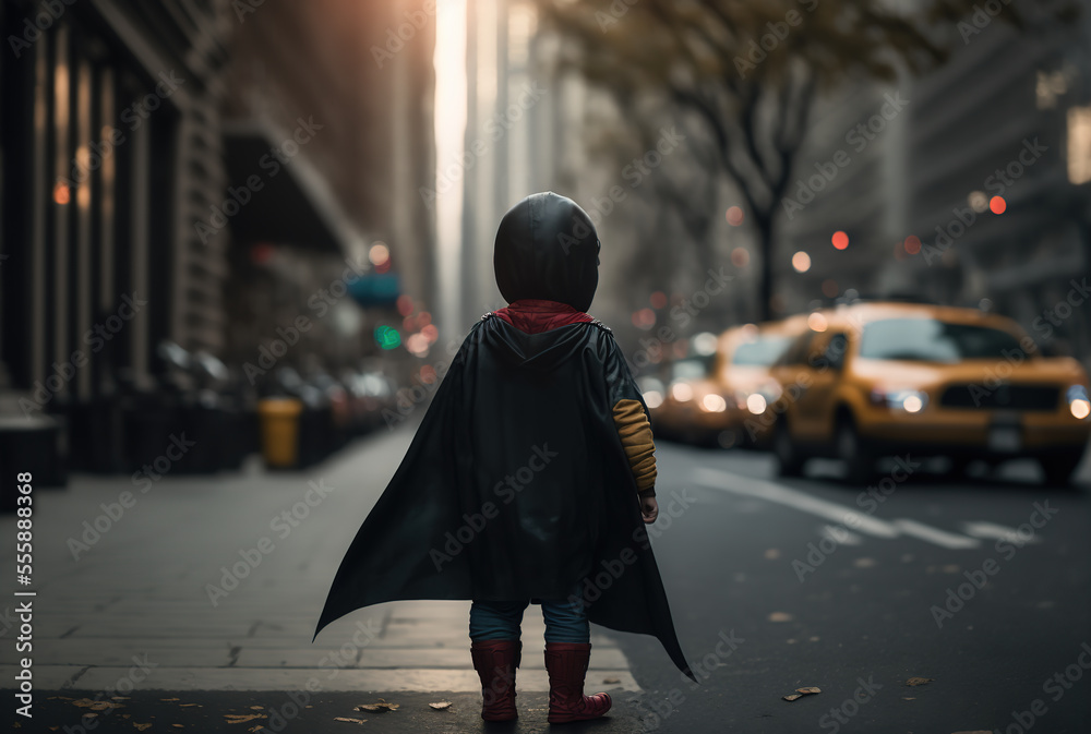 Superhero kid in New York streets, Generative AI illustration