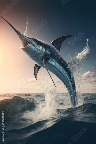 Sword fish jumping out of water,  Generative AI illustration © IBEX.Media