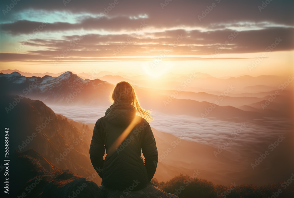 Young woman looking at the sunset from mountain top, Generative AI illustration