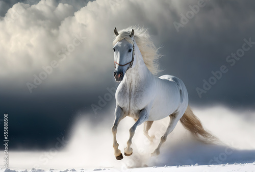 Beautiful mustang horse running in snow, Generative AI illustration