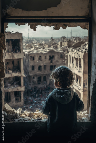 Child looking at destroyed city from inside his home, Generative AI illustration photo