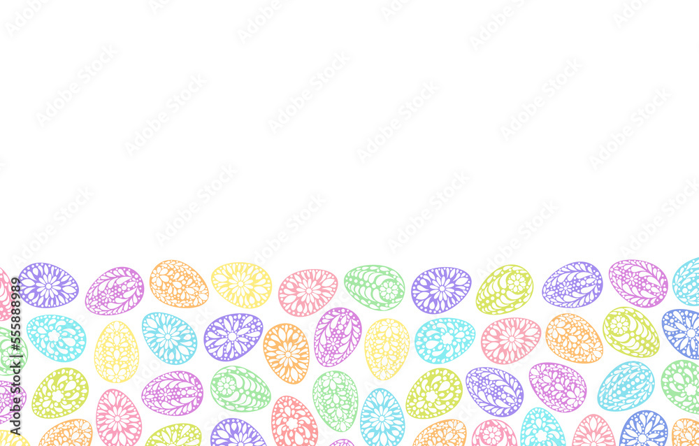Easter eggs  background. Color painted egg. Paper cut style. Easter symbol. Egg border, banner, frame. Color gingerbread cookies. Egg hunt vector illustration. Happy Easter day backdrop. 