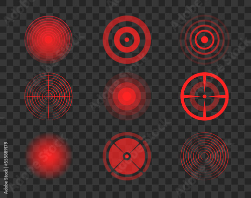 Red circles of pain isolated on transparent background. Designation of pain, symbol of pain on the body and joints.