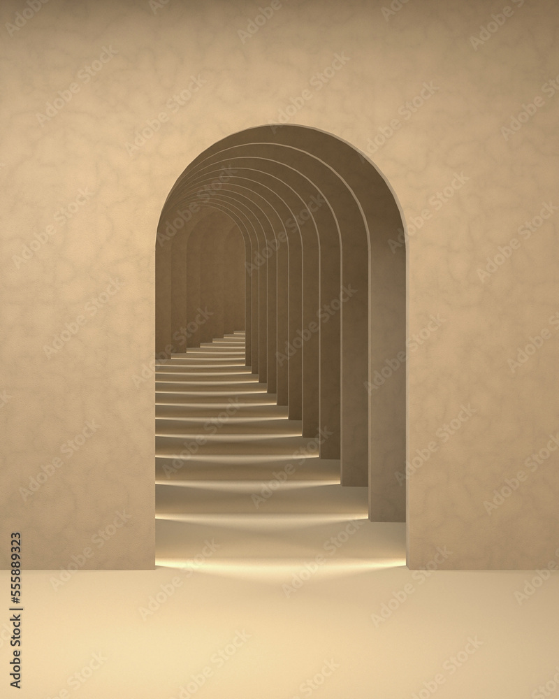 Fototapeta premium 3d Surreal Render, Abstract Arch Tunnel Scene for Product Display.