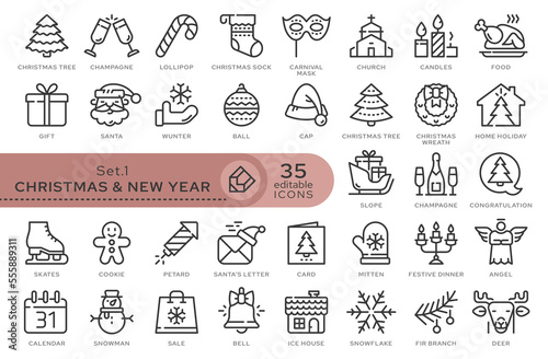 Set of conceptual icons. Vector icons in flat linear style for web sites  applications and other graphic resources. Set from the series - Christmas and New year. Editable outline icon.  
