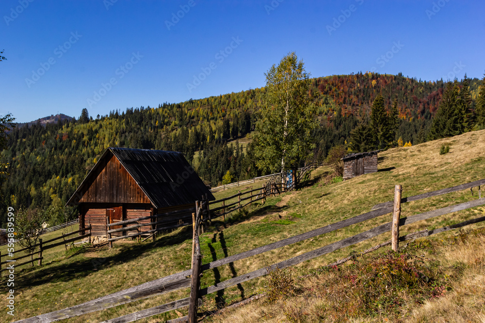 An old, abandoned farmhouse in a mountain meadow above the Carpathians. Beautiful walking landscape in Ukraine. autumn time