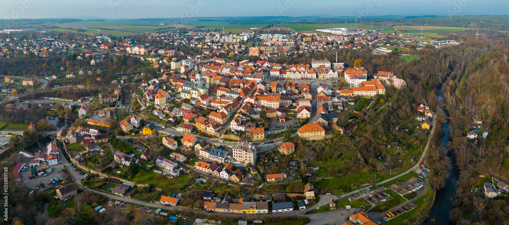 Aerial view of the city Stříbro in the Czech Republic on a cloudy day in autumn .