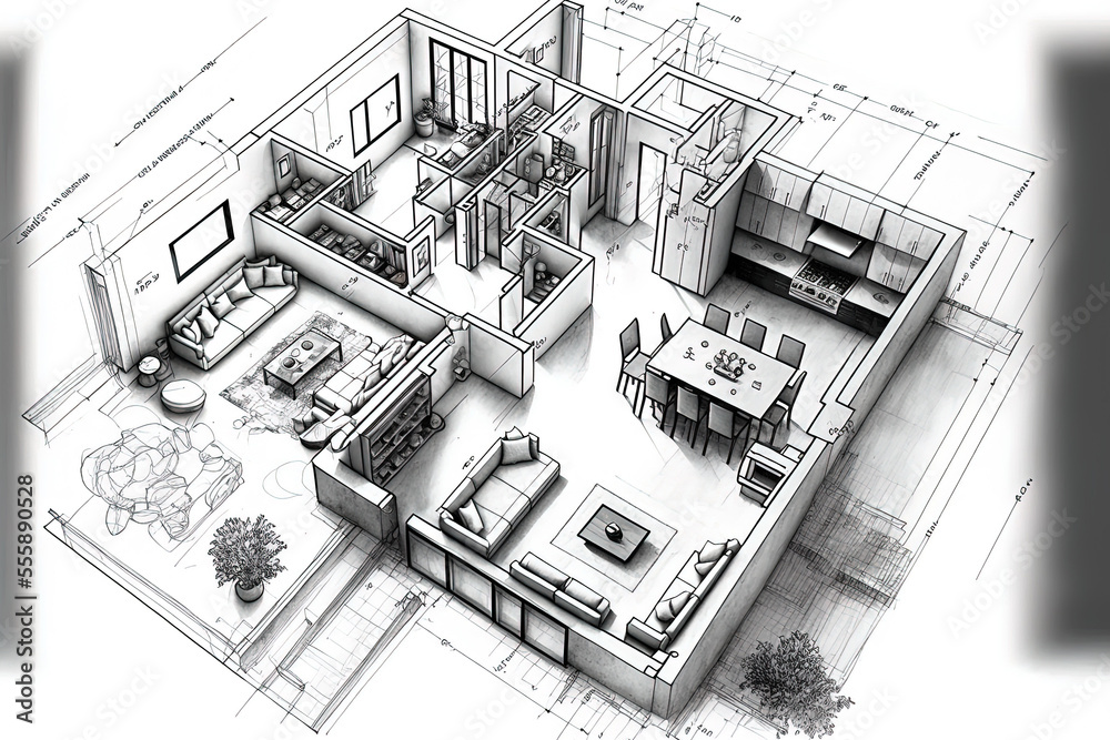 Sketch drawing of a residential or apartment building's layout. Sketch of the site plan with inside furnishings. suitable for architectural and interior design projects. Generative AI