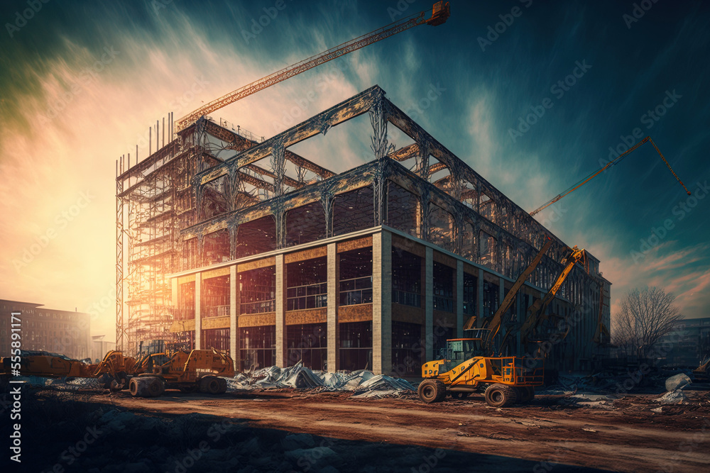 Large Buildings are being built at a construction site with cranes ...