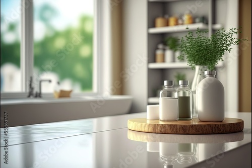 AI generated,Empty tabletop for product display with bathroom interior © dasom