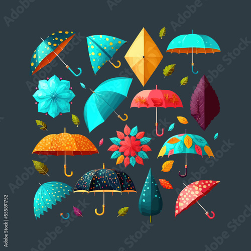 Various umbrellas.Isolated on background. Cartoon flat vector illustration