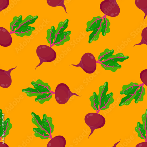 Seamless pattern with beetroot on an orange background. A pattern with vegetables on textiles for the kitchen