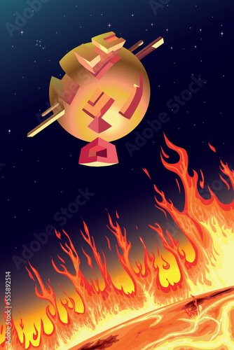 Abstract spaceship near the sun. Vector background. Print poster