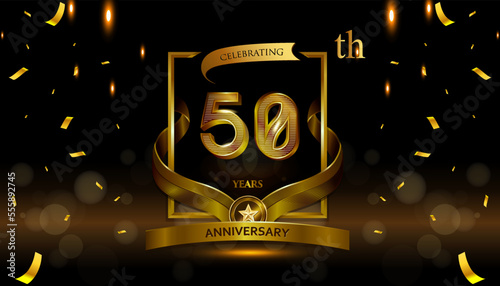 50th golden anniversary logo with gold ring and golden ribbon, vector design for birthday celebration, invitation card.