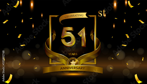 51st golden anniversary logo with gold ring and golden ribbon, vector design for birthday celebration, invitation card.