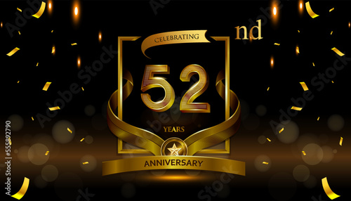 52nd golden anniversary logo with gold ring and golden ribbon, vector design for birthday celebration, invitation card.