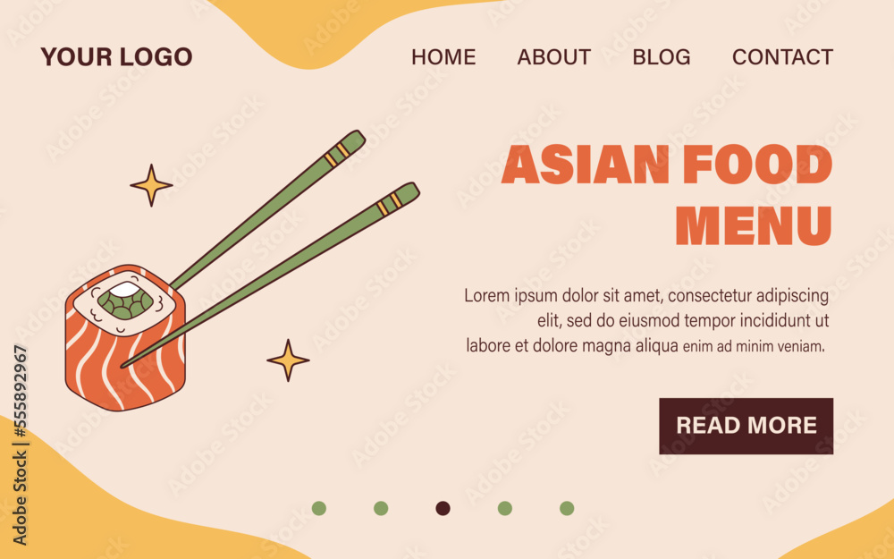 Vector Wooden chopsticks hold sushi roll in retro style. Groovy landing page web template. Website design. Philadelphia sushi and chopsticks 70s.