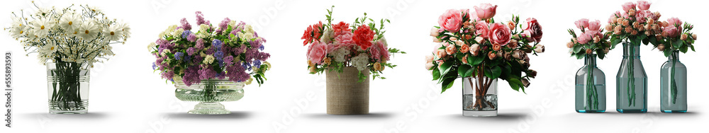 Obraz premium Isolated Set of Flowers in Vases with transparent backround in PNG file