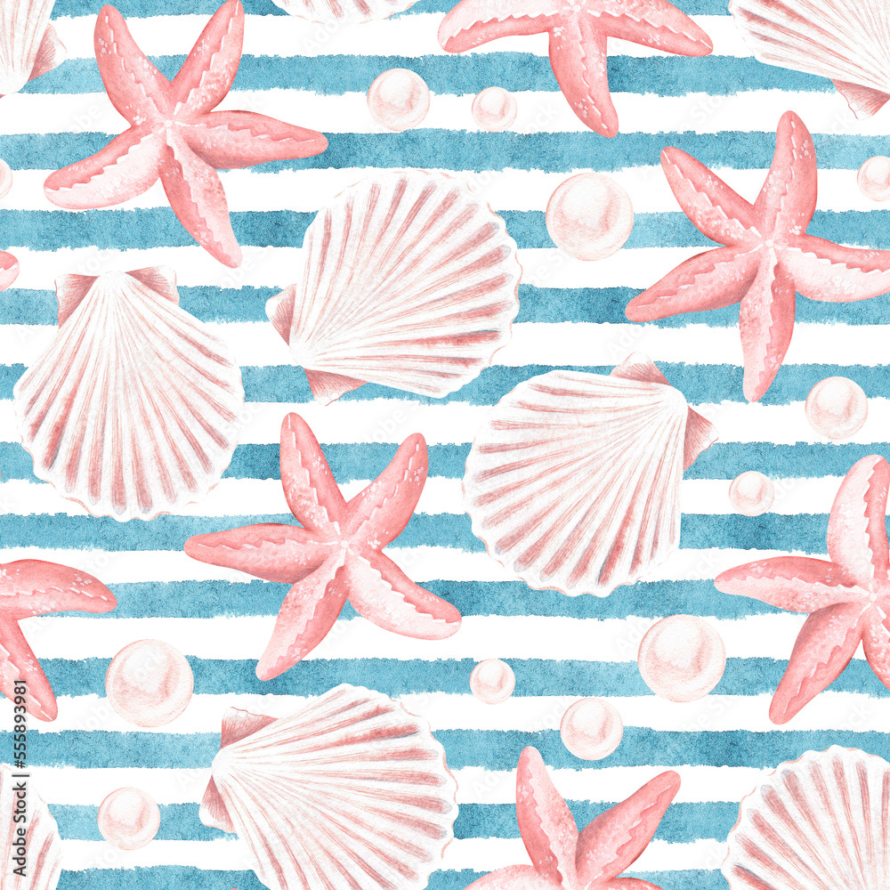 Seashells and starfish seamless pattern. On a striped background ...
