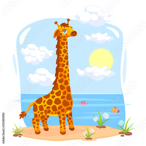 Cute giraffe by the river. Illustration with cartoon giraffe in nature. Bright cover or postcard