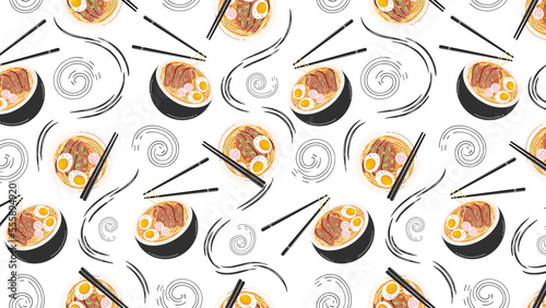 Horizontal background with Seamless pattern with Japanese ramen soup. Asian food for printing on paper, textiles, for banners and backgrounds. Vector