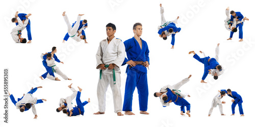 Fotografía Collage of young sportive men in white and ble kimono costumes practising, train