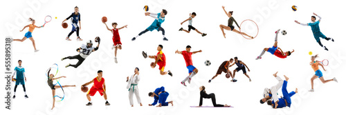 Collage of sportive people  adults and children doing different sports  posing isolated over white background.