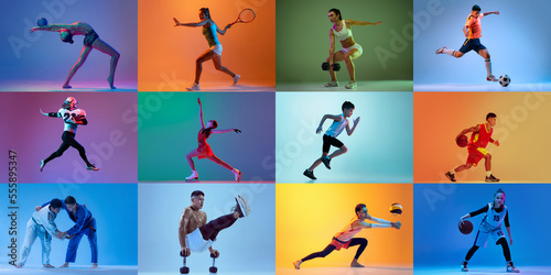 Collage made of portraits of diverse professional atheletes of different age doing various sports isolated over mulricolored background in neon.