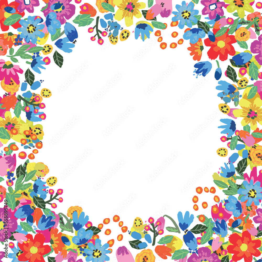 Vector floral frame. Bright summer flowers arrange in border on white background.
