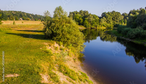 a steep bank with a river cliff and slope with a tree covered with green grass and with trees and bushes and reflected in the water in a summer afternoon in sunny weather in Ukraine in Europe