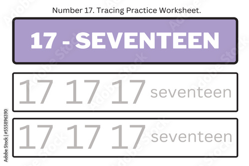 Numbers 17. Tracing Worksheet for kids. Preschool worksheet, practicing motor skills - tracing dashed lines. 